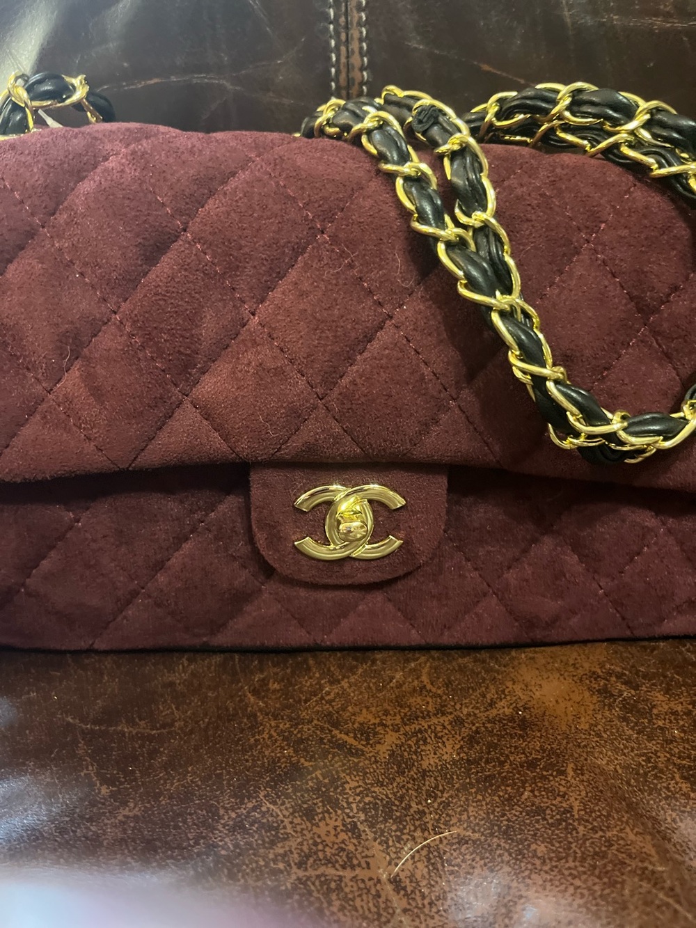 ChaneI Burgundy Black Trim Quilted MicroSuede Classic Flap Bag - Picture 3 of 11